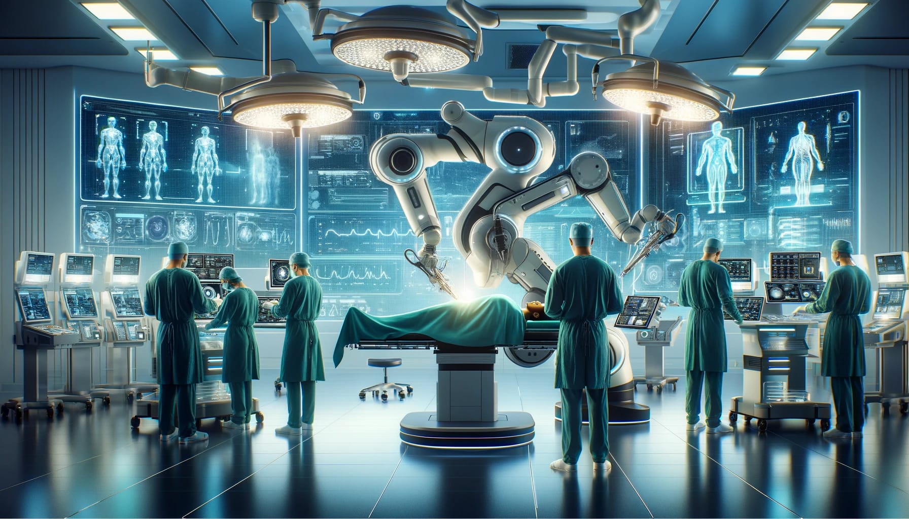 A futuristic operating room featuring a robotic surgical arm performing surgery on a patient, overseen by a team of doctors using advanced computer monitors and holographic displays. The room is filled with high-tech equipment and glowing interfaces, showing data and vital signs. The setting is clean, modern, and brightly lit, emphasizing a sterile and advanced medical environment. The doctors are diverse in ethnicity, wearing scrubs and focused on the procedure.